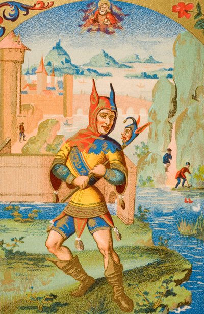 A Court Fool, reproduction of a miniature from a 15th century manuscript, from 